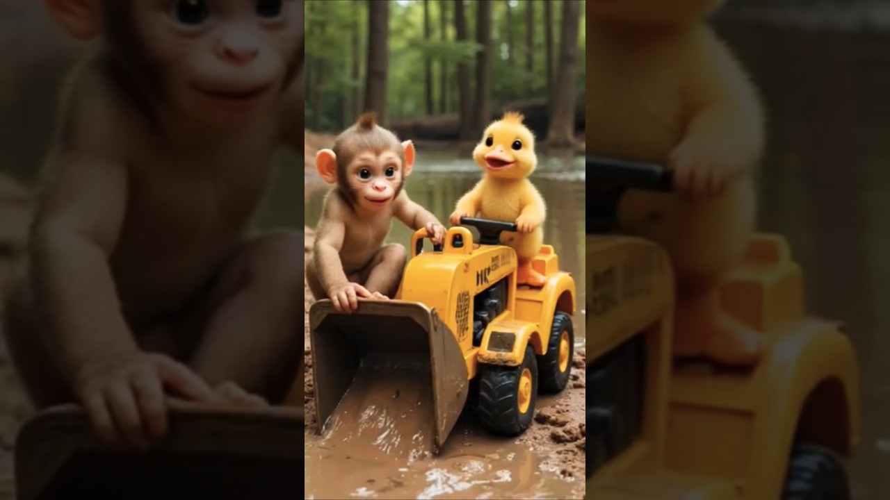 Monkey & Duck’s Muddy Excavator Ride in River Forest! Splash Splash Adventure Begins 