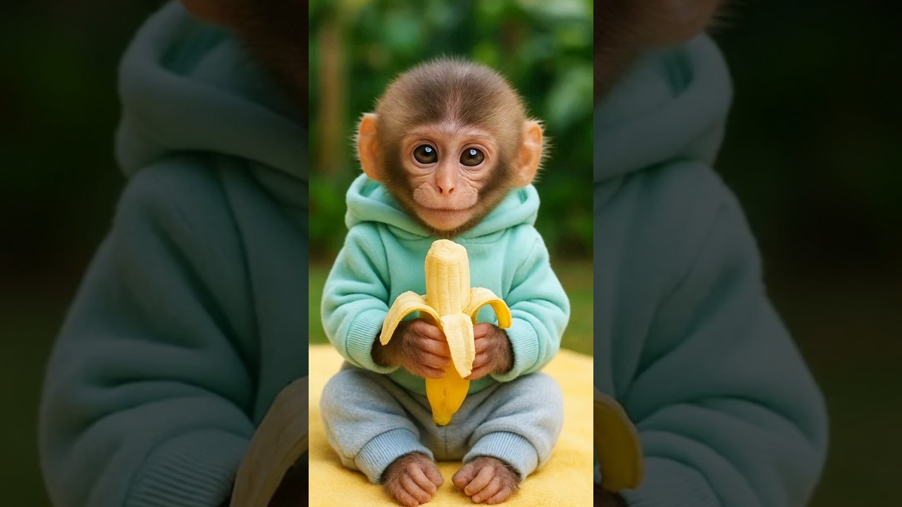 Cute Baby Monkey Eating Banana 🍌 | Adorable Monkey in Hoodie