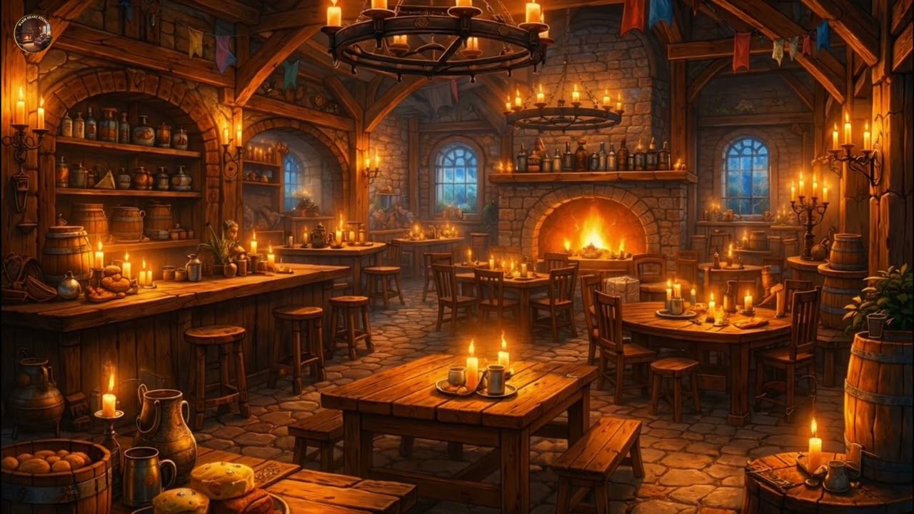 Medieval Tavern Ambience 🔥🍺 | Cozy Fireplace & Folk Music | Relax & Unwind