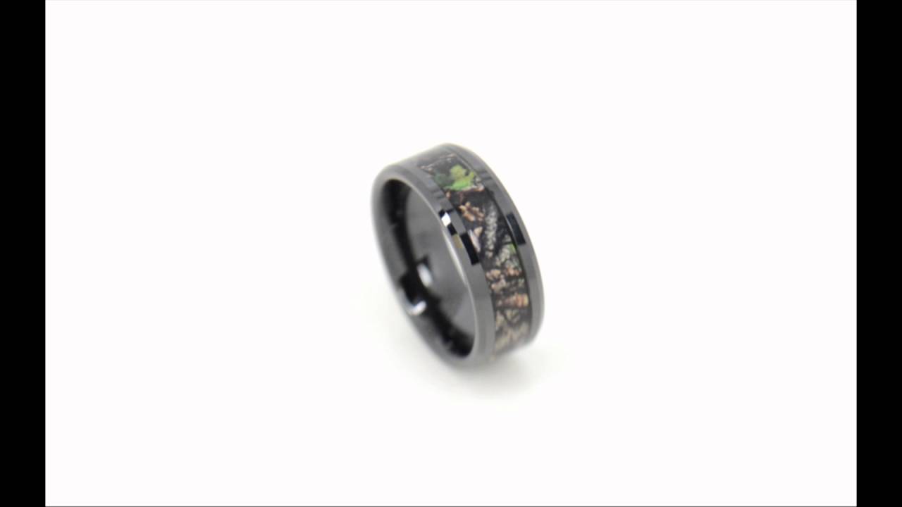 NIGHTFALL Realistic Tree Camo Black Ceramic Wedding Band with Green Leaves - 8mm