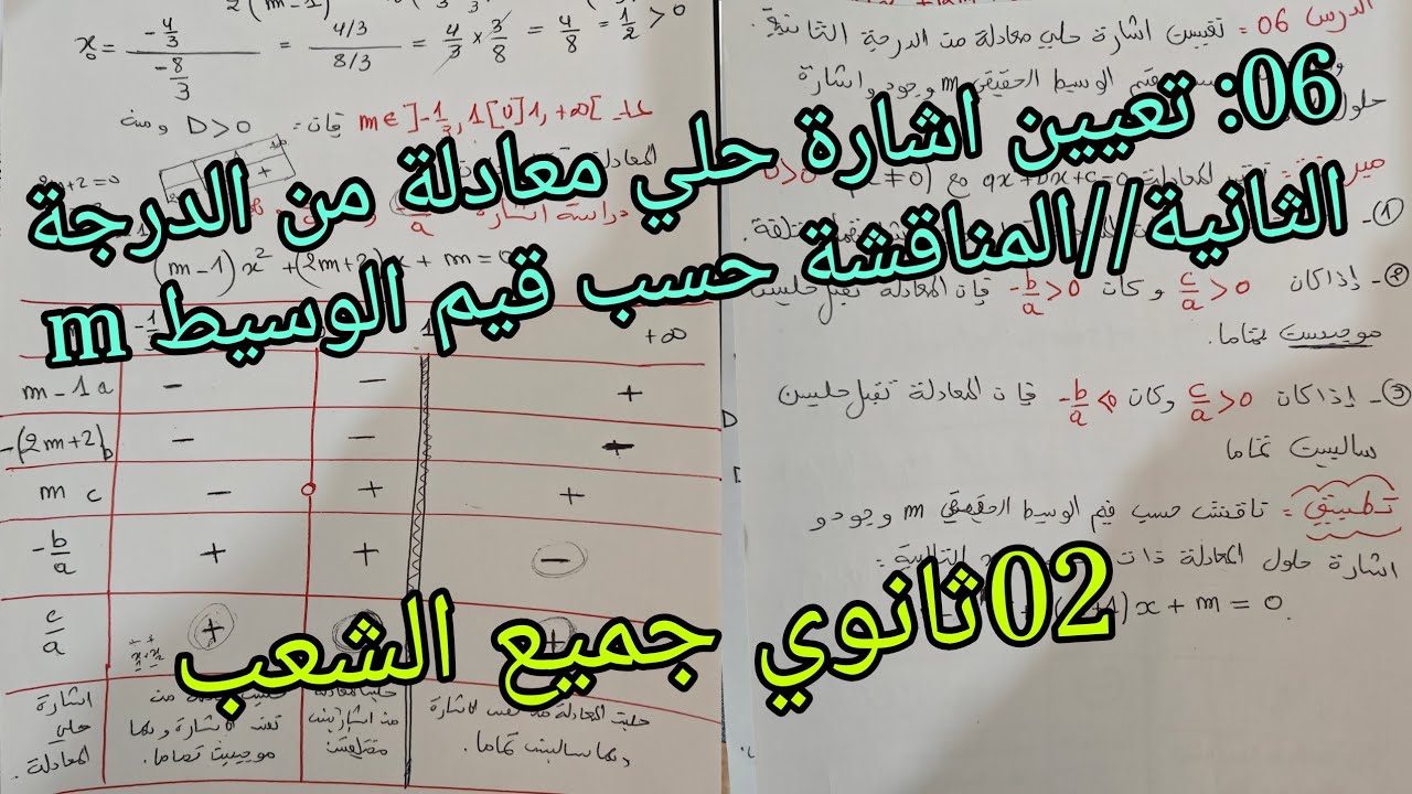 06:تعيين اشارة حلي معادلة من الدرجة الثانية/المناقشة حسب قيم الوسيط mللسنة الثانية ثانوي جميع الشعب 