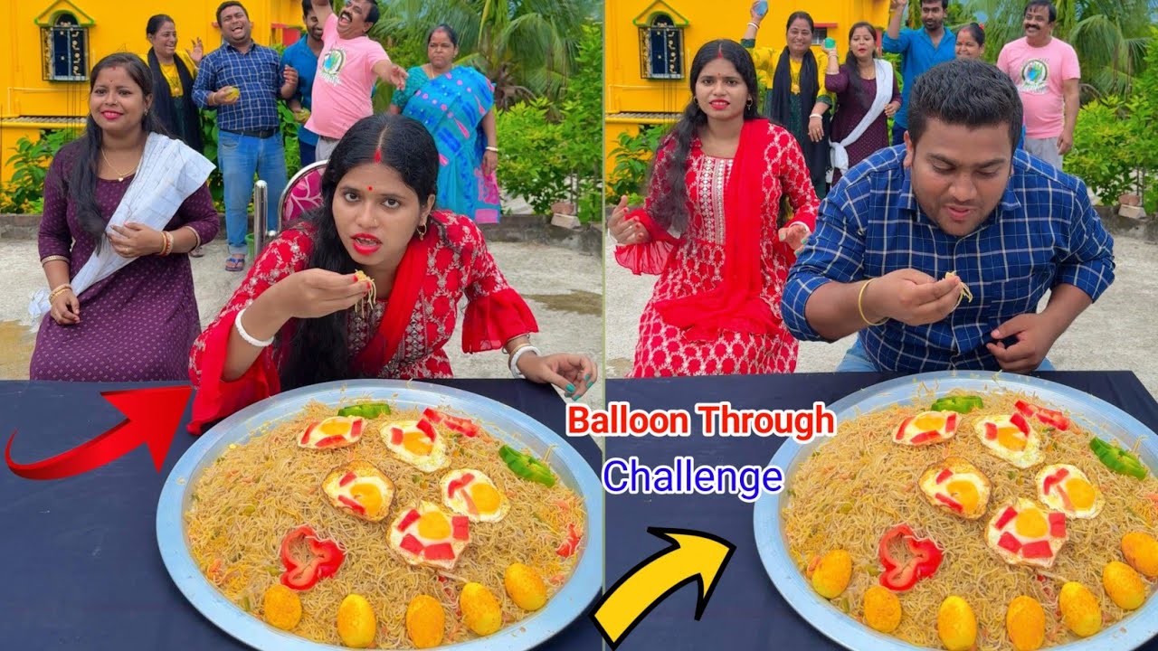 Balloon Through Funny Chow Mein Eating Challenge Video