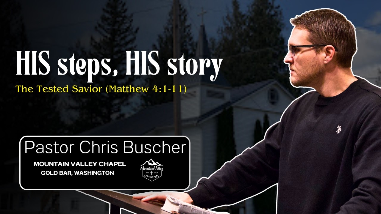 Pastor Chris Buscher preaching from Matthew 4 about the temptation of Jesus, spiritual warfare, and resisting Satan with God’s Word