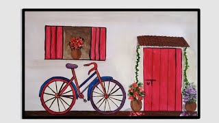 Drawing a bicycle in front of a house beautiful colors رسم دراجة أمام منزل ألوان جميلة