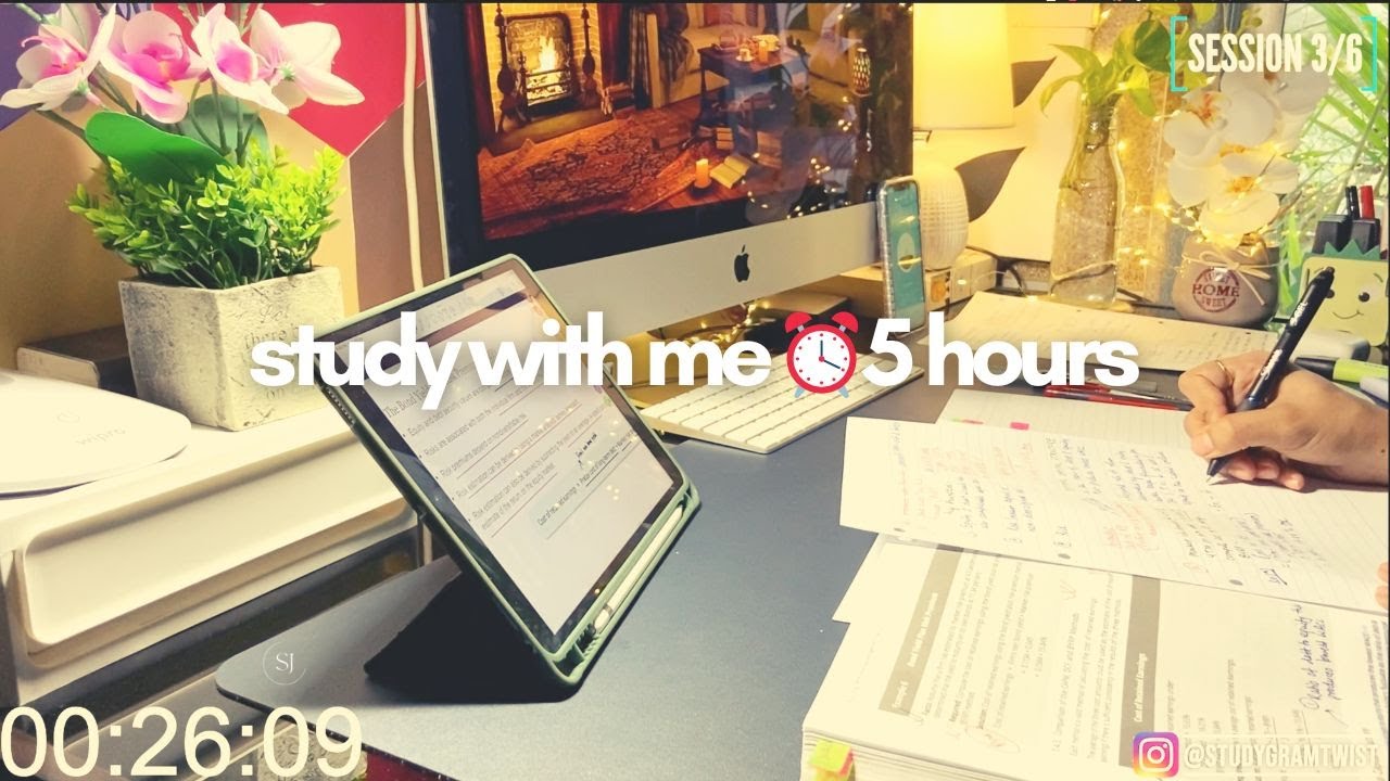 Study With Me | Rainy Day ☔️🌧 | 5 Hours | 📑📚 POMODORO (50 mins study ...