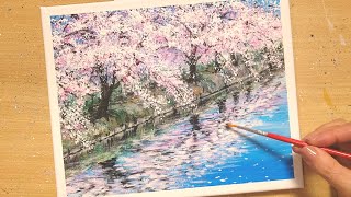 アクリル絵の具で【桜】を描く方法/水面に映る桜の風景/初心者のための簡単なアクリル画/Step by step