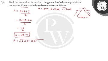 Find the area of an isosceles triangle each of whose equal sides measures 13 cm and whose base m....