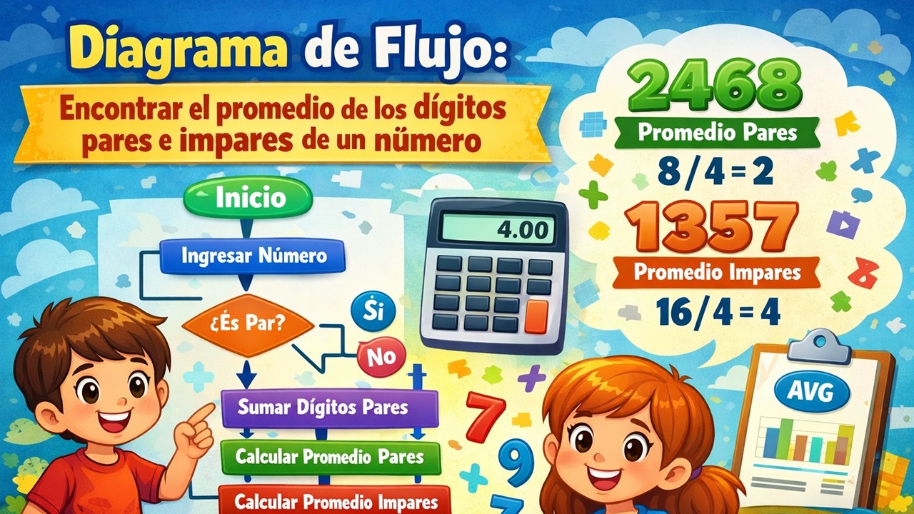 Diagrama de Flujo: Encontrar el promedio de los dígitos pares e impares de un número
