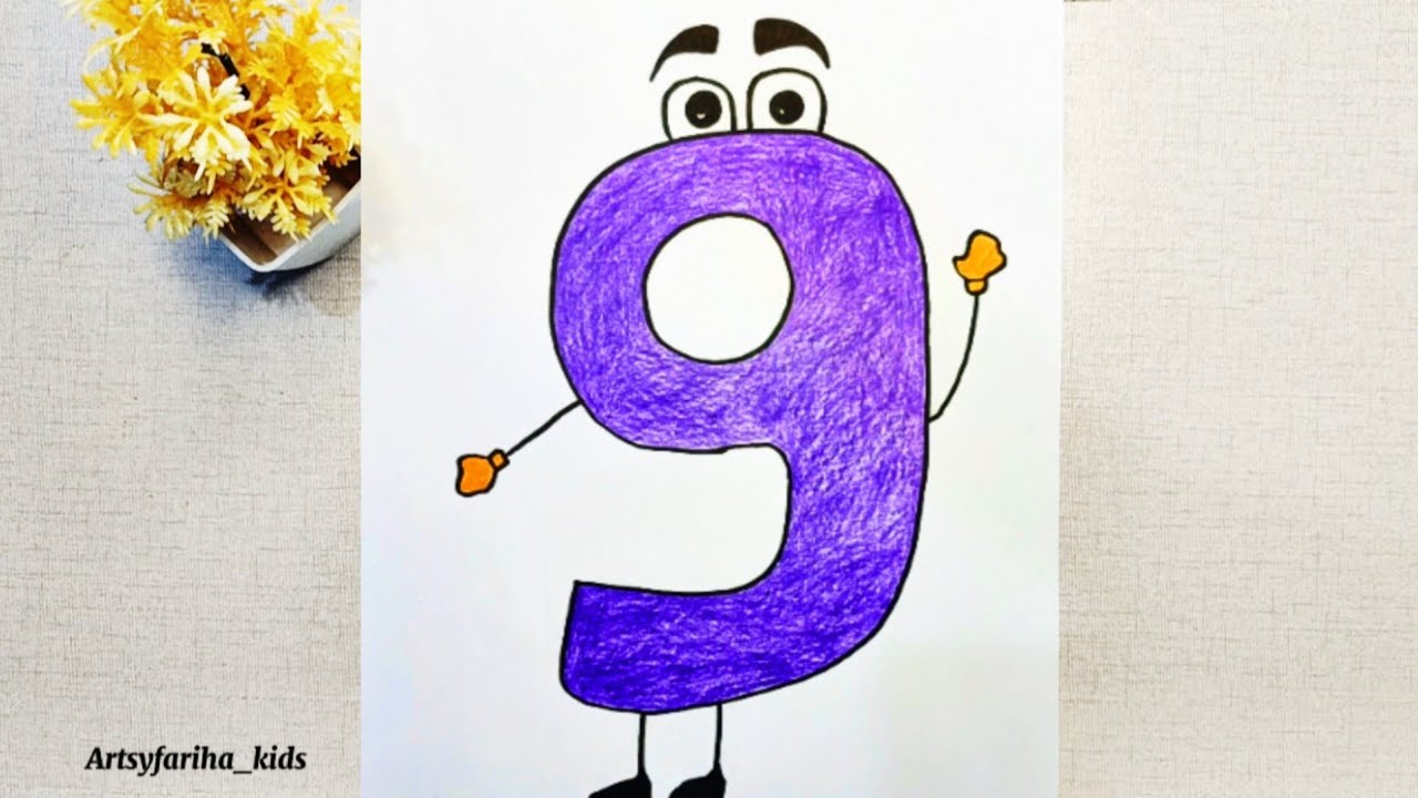 How to draw a cartoon number 9 / Easy doodle drawing & coloring ...
