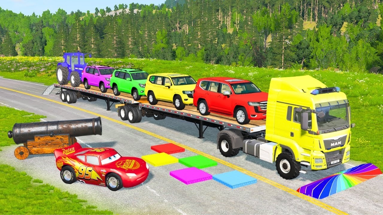 Triple Flatbed Trailer McQueen Transportation with Truck - Speedbumps vs Cars vs Train - BeamNG