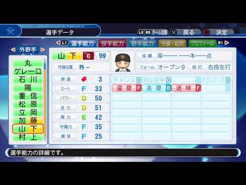 【'19パワプロ選手能力】巨人 99 山下航汰選手
