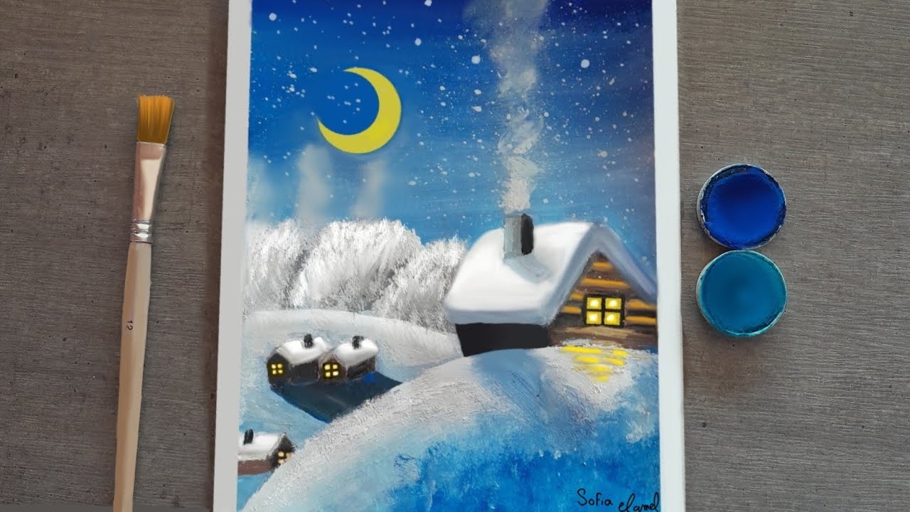 Snowy winter night ️ || Acrylic painting Tutorial ️ - Step by step for ...
