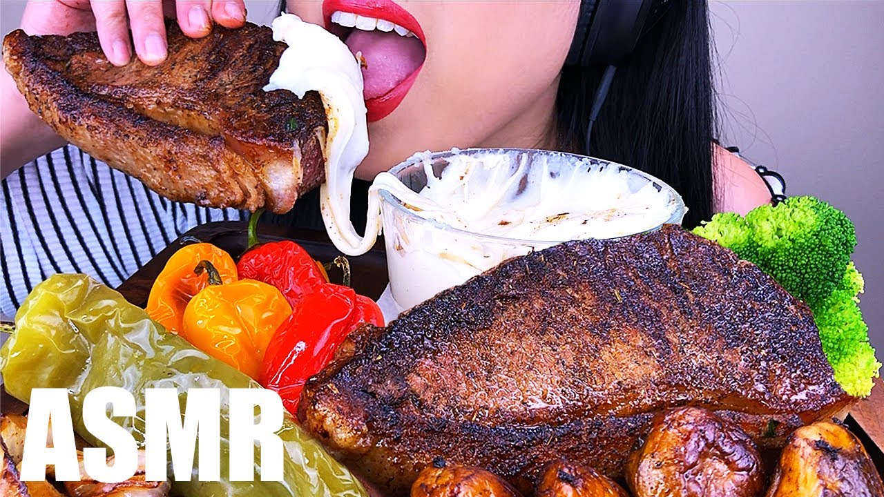 ASMR NEW YORK STEAK + STRETCHY CHEESE *MESSY EATING* | ASMR Phan