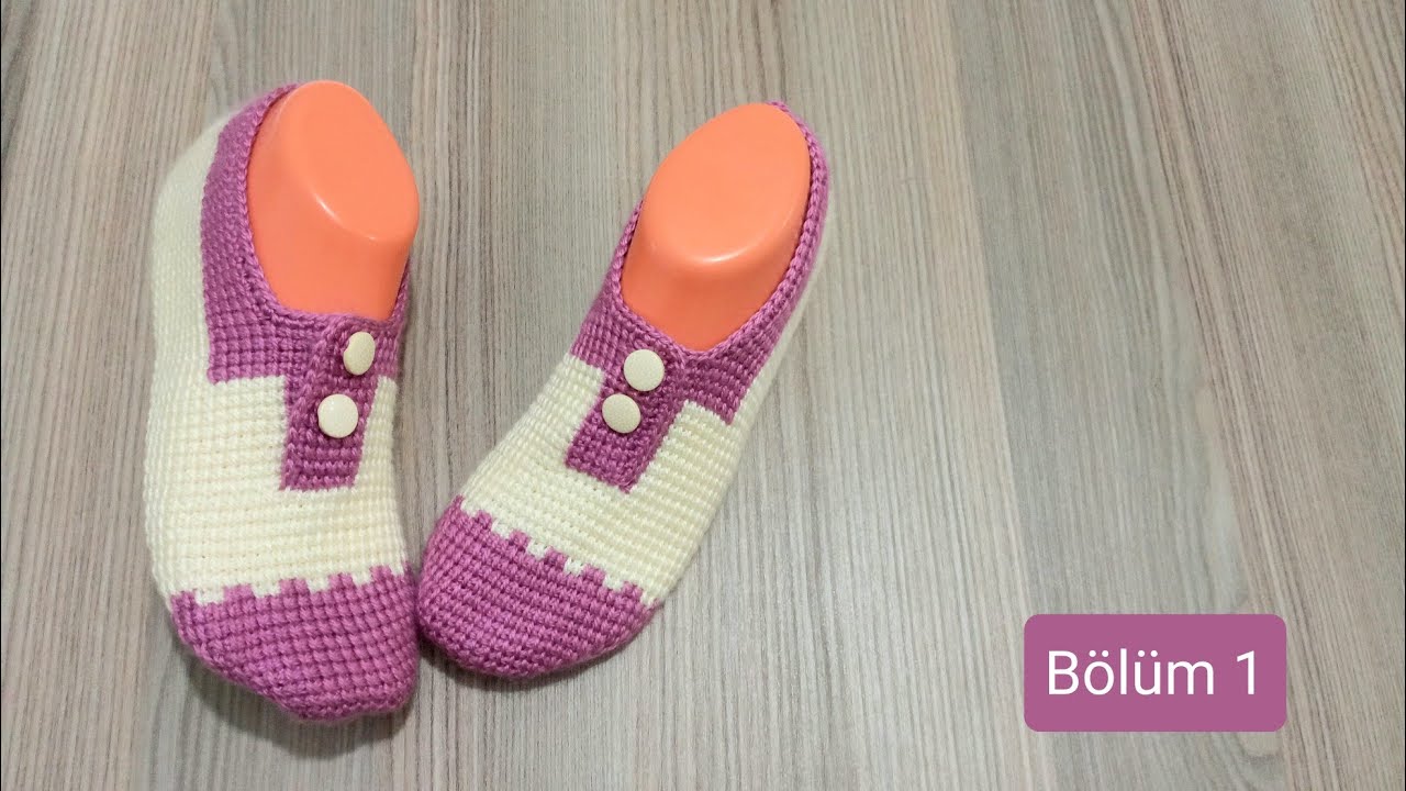 Tunus işi iki renkli Düğmeli patik yapılışı sesli anlatımlı