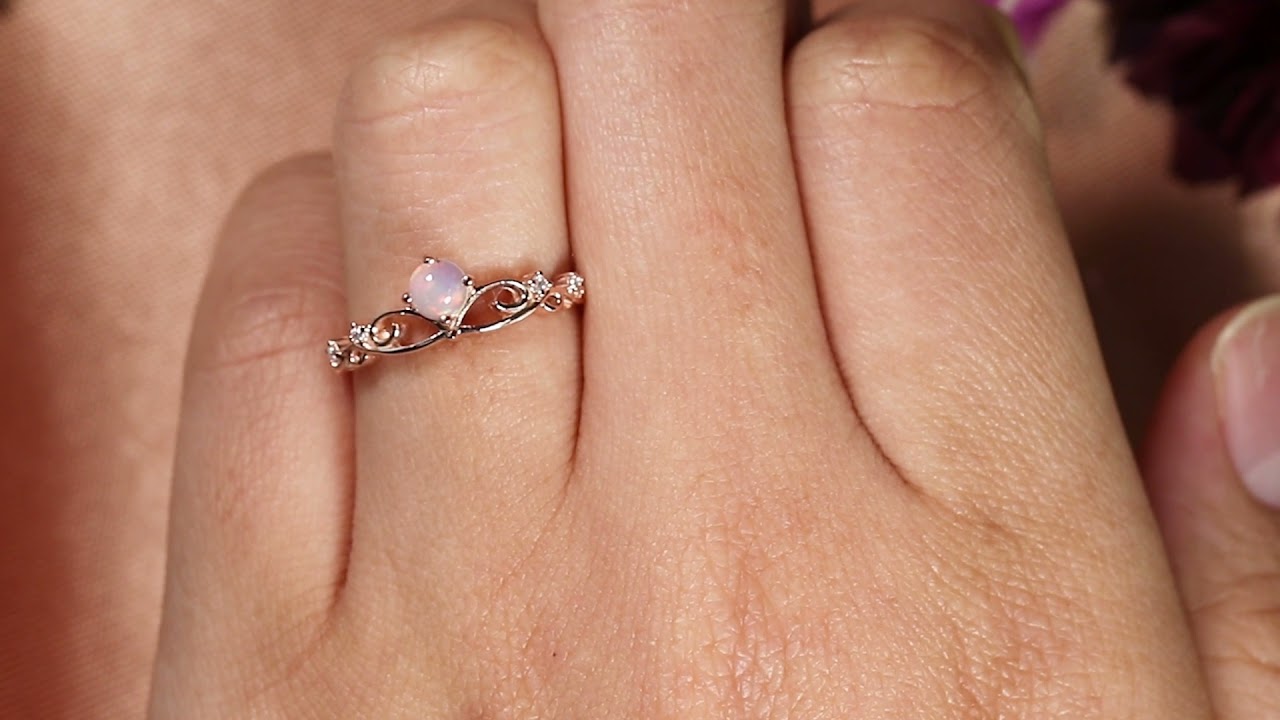 Sale 6mm Round Cut Opal with Diamond Dainty Tiara Wedding Ring for Women