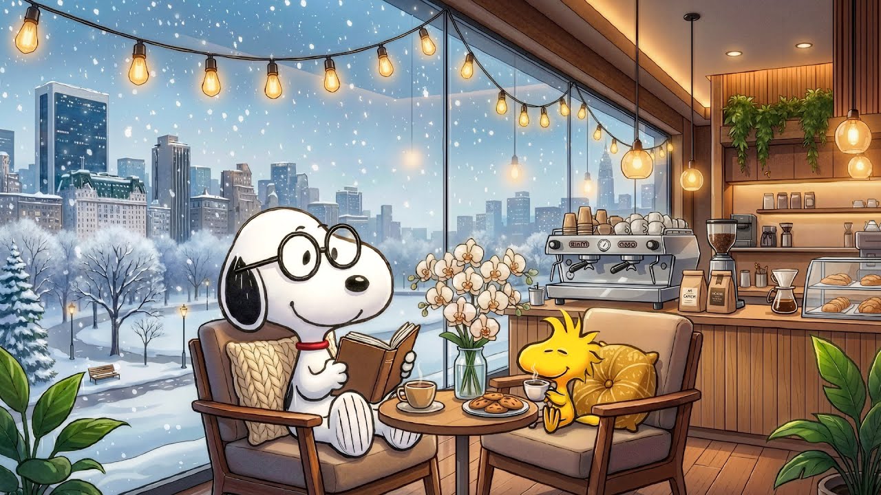 Уютная зимняя атмосфера кафе со Снупи ☕ Джазовая музыка для сосредоточенной работы и учебы ❄️ Теп...