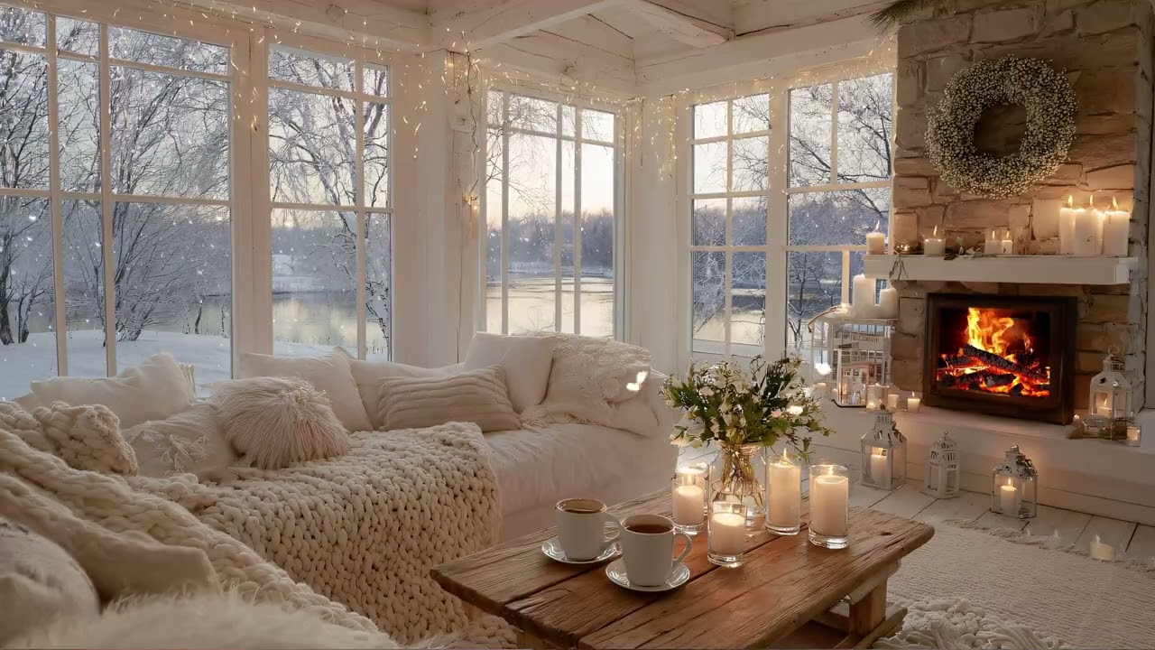 Cozy Winter Morning by the Porch ❄️ Peaceful Piano Music & Fireplace Sounds for Relaxation