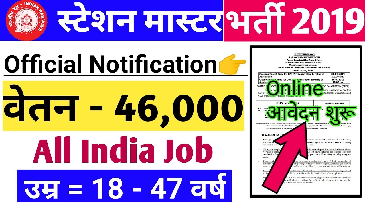 RRB Station Master Recruitment 2019 | RRB NTPC 2019 Official Notification | Railway Vacancy 2019