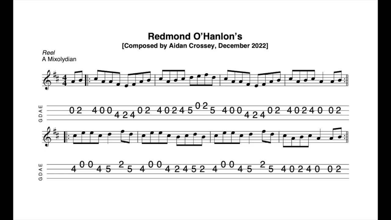 Redmond O'Hanlon's REVISITED - a reel in A Mixolydian composed, tabbed and played by Aidan Crossey