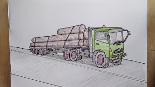 Cara menggambar mobil truk muat kayu