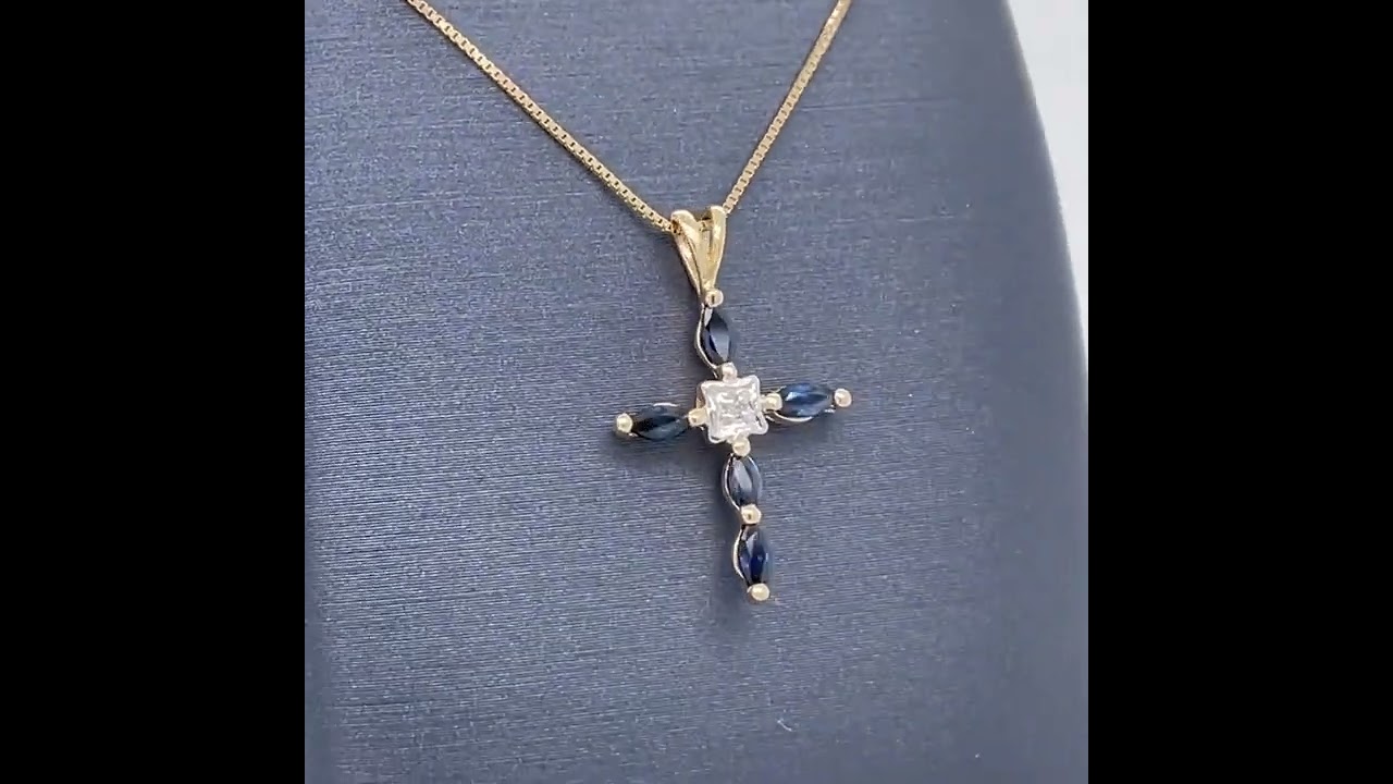 Marquise Natural Blue Sapphire & Diamond Cross Pendant w/Split Bail in Yellow Gold