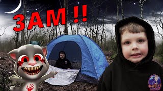 WE SPENT THE NIGHT IN THE WOODS WITH CREEPY BABY TALKING TOM (PLAYING ROBLOX AT 3AM)