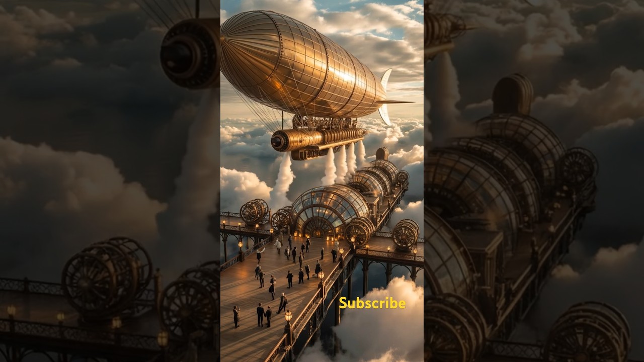 The steampunk airship slowly approaches and docks at the floating skyport