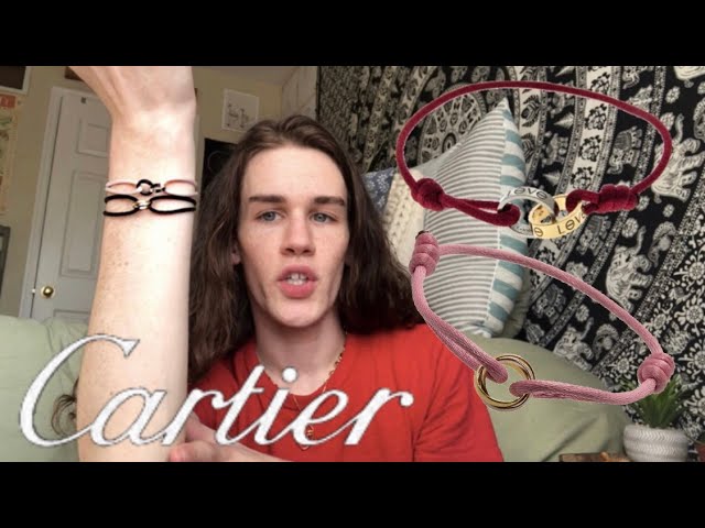 Cartier Love bracelet, Cartier Trinity bracelet on pink cord