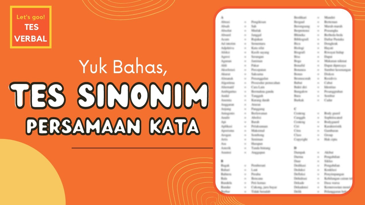 TKD TES VERBAL SINONIM DAN PEMBAHASANNYA MENURUT KBBI (PSIKOTES, FHCI BUMN, BUMD, CPNS)