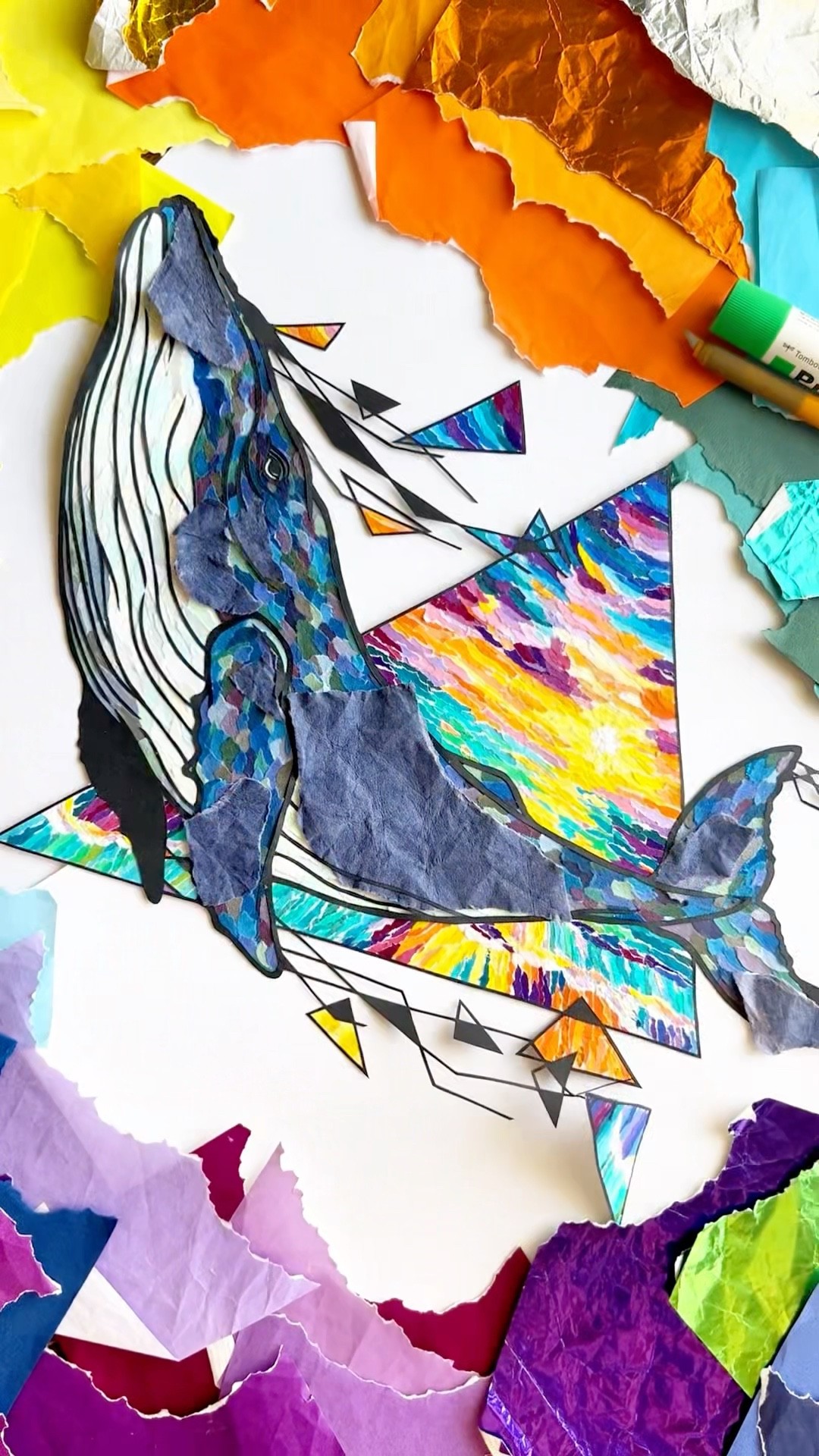 折紙ちぎってクジラさん🐋🌅を描きました #art #papercraft #whale