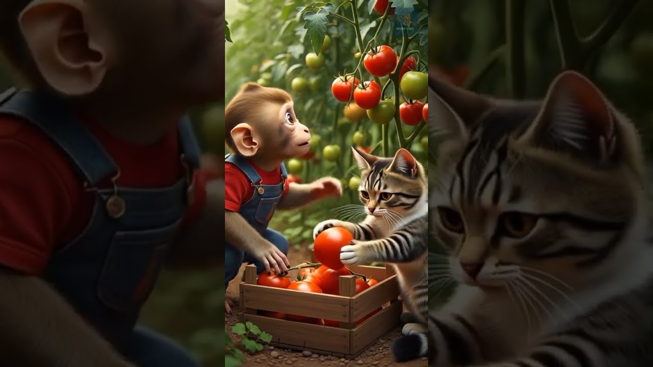 Monkey Farming with Cat |harvest tomato 
