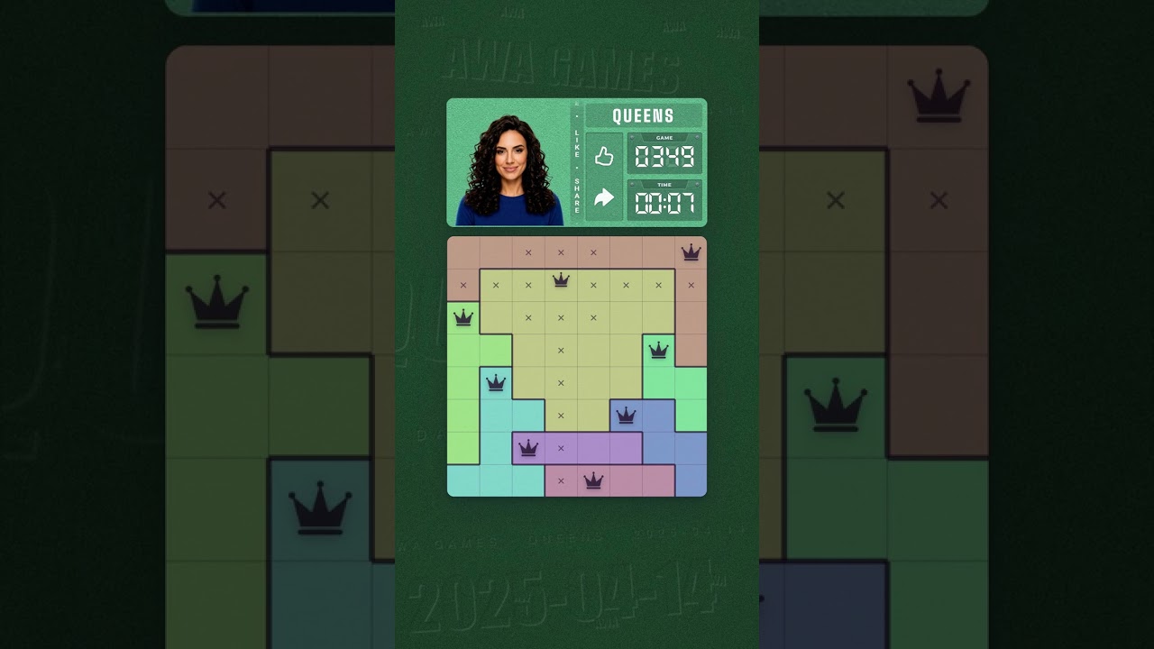 LinkedIn Queens #349 solved board for April 14, 2025, 8x8 grid
