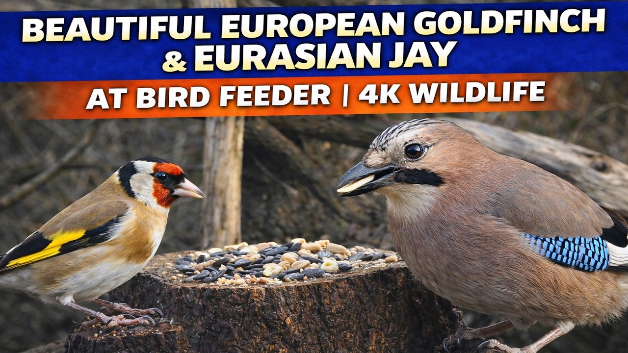 Beautiful European Goldfinch & Eurasian Jay at Bird Feeder | 4K Wildlife