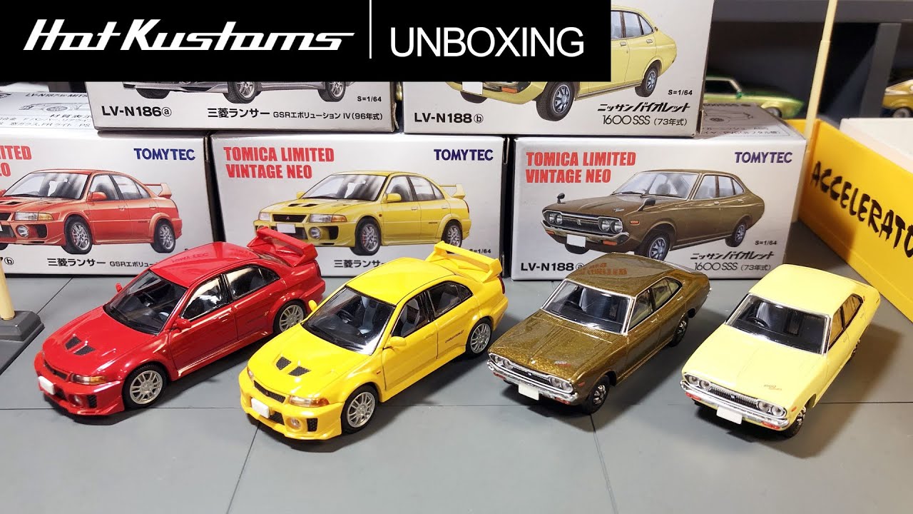 Tomica TLV Iconic Mitsubishi Evo Lancer V And Nissan Violet