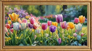 Spring Tulip Garden Art 🌷 Colorful Floral Painting Vintage Gold Frame | 4K TV Screensaver No Sound screenshot 5