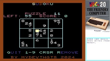 Sudoku for the Commodore VIC-20 with CBM .prg Studio in BASIC.