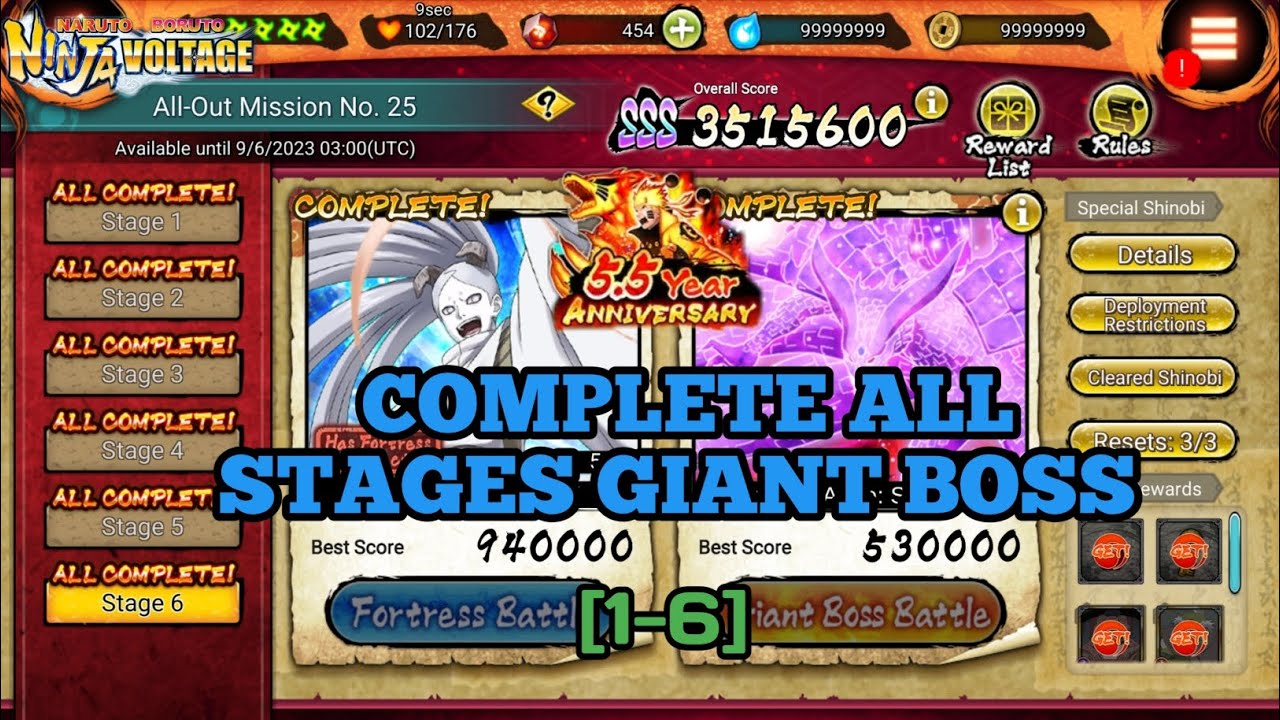Nxb Nv: AOM 25 Complete All Giant Boss Stages [1-6] All Out Mission | 5.5 Anniversary Ninja Voltage