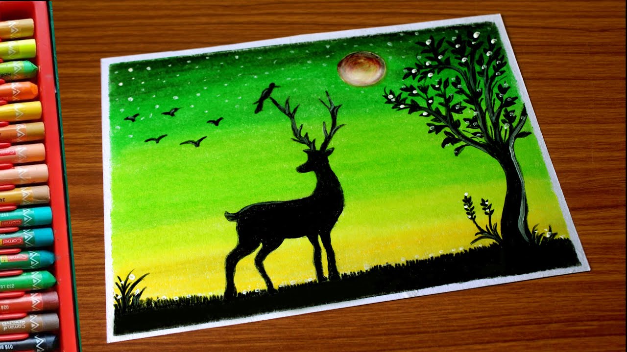 deer oil pastel drawing Green Sunset Deer Landscape Drawing with Oil