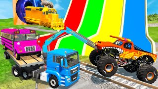 Transporting Cars with slide Color - Monster Truck Flatbed Trailer Truck Rescue Cars - BeamNG Drive