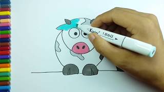 Drawing kids : coloring animal cell : Drawing of a cute cow for kids