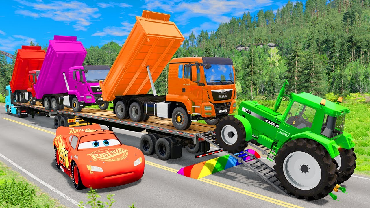 Flatbed Trailer McQueen Transportation with Truck - Speedbumps vs Cars vs Train #34 - BeamNG.Drive
