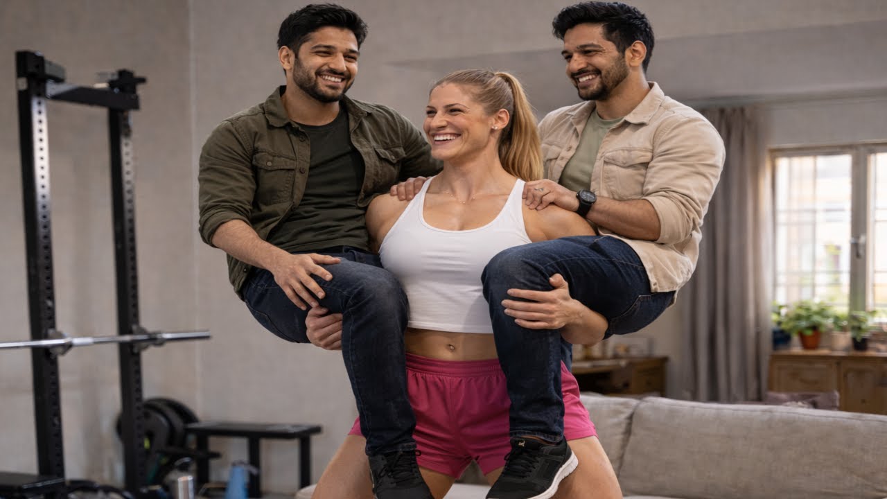 GERMAN BODYBUILDER WOMAN LIFT CARRY TWO MAN