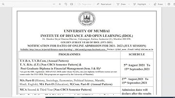 IDOL Online Admission 2021-22 | FYBCOM | FYBA | MCOM | MA | IDOL Mumbai University Admission 2021