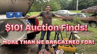 $101 auction find with surprises! How did we do Tools, supplies, steel shelf, and lots more.