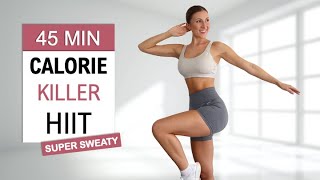 Burn 500 Calories with this 45 Min HIIT Workout, No Repeat, Super sweaty, Warm Up + Cool Down