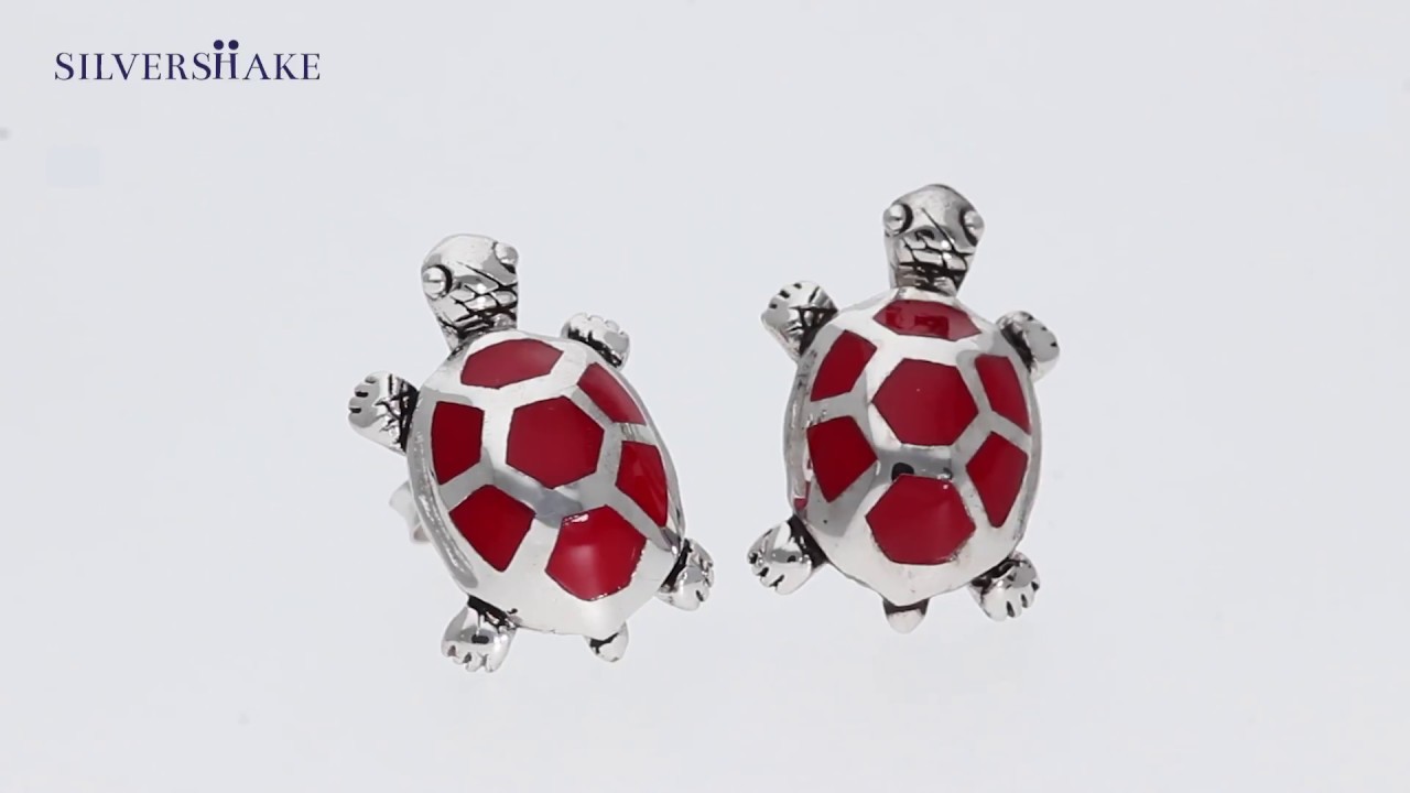 SILVERSHAKE Created Red Coral Inlay 925 Sterling Silver TURTLE Post Earrings-ER0095203