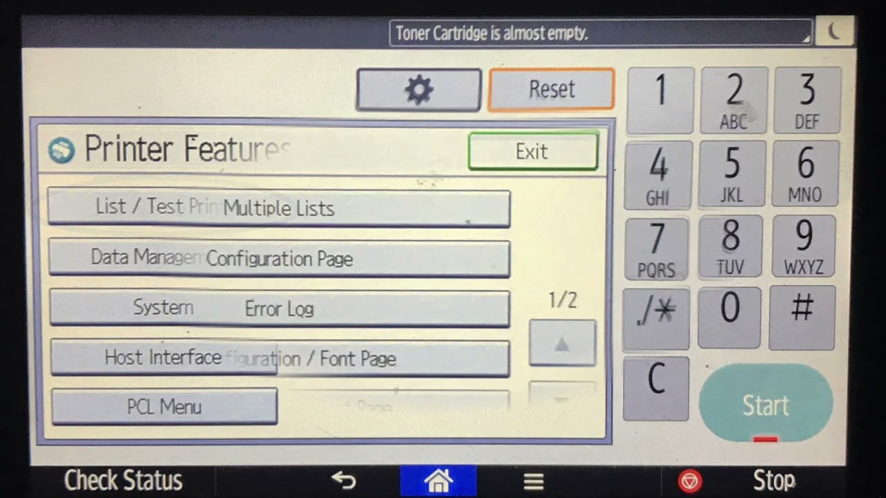 Print test page from printer console
