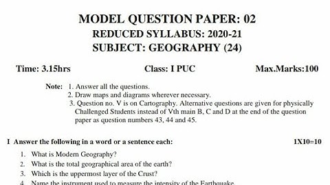geography 1st PUC  ,model paper 2 full solution reduced syllabus , 100% correct solution