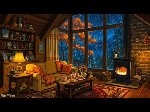 1950s stormy night ambience 🌧️ cozy grandma’s cottage with oldies playing in another room for sleep