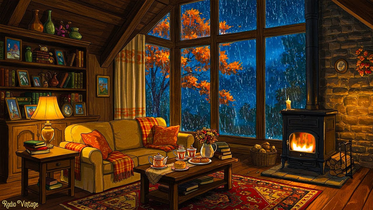 1950s stormy night ambience 🌧️ cozy grandma’s cottage with oldies playing in another room for sleep